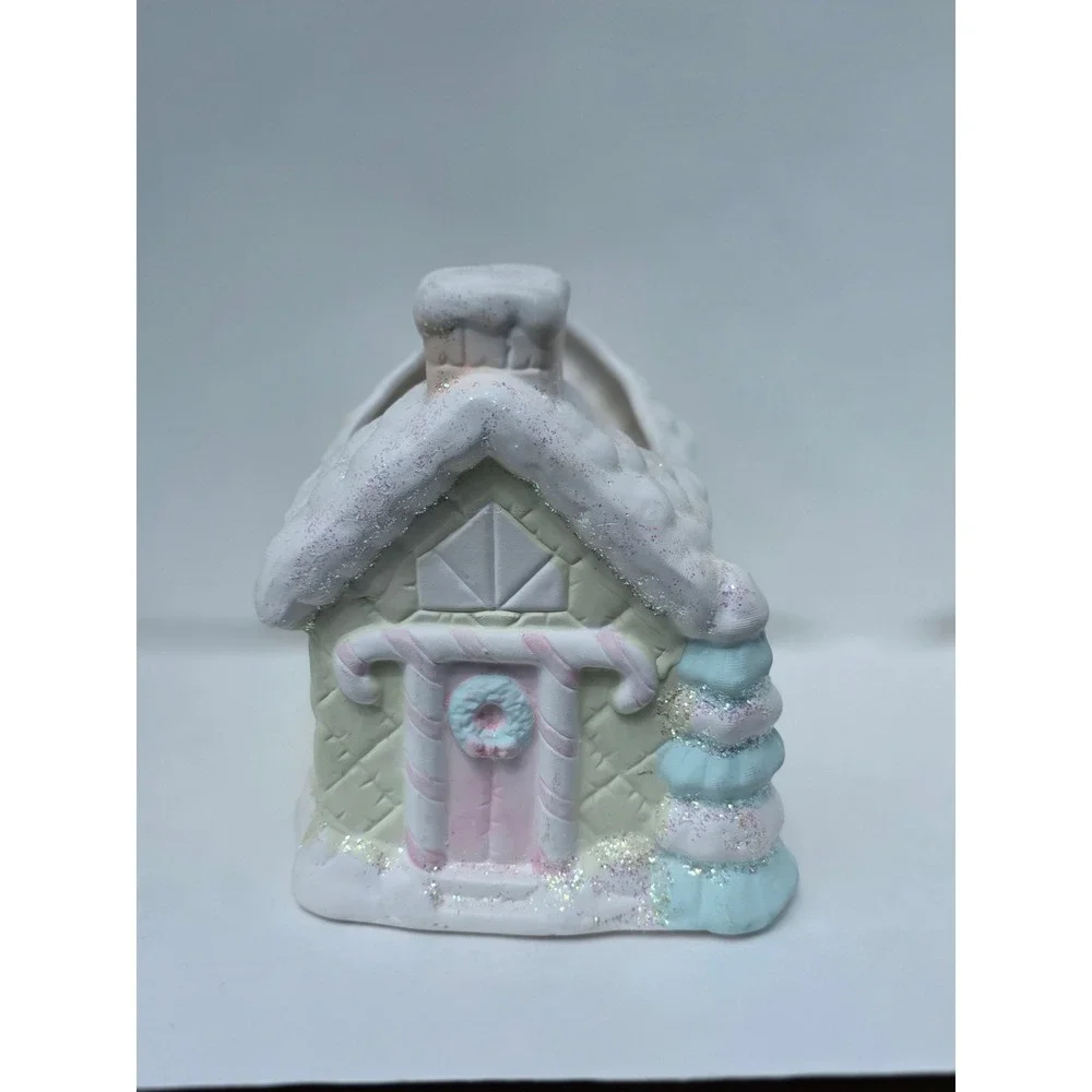 Pastel Gingerbread House Ceramic Planter Holiday Candy Dish Glitter Mint Pink